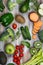 Assortment of alkaline food on wooden background