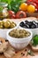 assortment of antipasti - pesto, olives, fresh vegetables