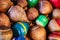 Assortment of antique wooden tops in a wooden box - selective focus