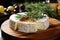 Assortment of artisan cheeses, nuts, and fragrant rosemary on rustic kitchen cutting board