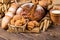 assortment of baked bread on wood table