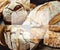 Assortment of bakery products. Wheat, buckwheat, yeast-free bread. Delicious and crispy bread. Food collage. Free space for text