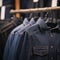 Assortment of blue and black jeans displayed in shopping center