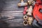 Assortment of brass plumbing equipment on wooden board copy spac