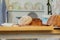 Assortment of breads near a wicker basket on a table in a rustic kitchen. Composition in kitchen at the photo studio