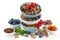 Assortment of breakfast cereal in bowls, dried fruit