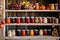 Assortment of canned preserves. A rustic pantry with shelves stocked with jams and jars filled with autumn fruits