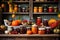 Assortment of canned preserves. A rustic pantry with shelves stocked with jams and jars filled with autumn fruits