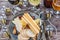 An assortment of cheese and crackers on a round blue plate