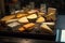 Assortment of cheeses on a wooden board, close-up. Generative AI