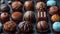 an assortment of chocolate pralines, each boasting unique shapes, textures, and finishes, against a seamless background