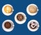 The assortment of coffee - beans, ground coffee, latte art ,espresso ,cappuccino, hot chocolate over classic blue background