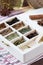 Assortment collection of spices and herb in wooden box, food