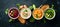 Assortment of colored vegetable cream soups. Dietary food. On a black stone background. Top view.