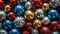 Assortment of Colorful Christmas Baubles on Festive Backdrop. Generative ai