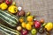 Assortment of colorful fresh vegetables on sackcloth background