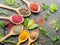 Assortment of colorful spices in the spoons.