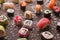 Assortment of colorful sushi and rolls background