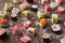 Assortment of colorful sushi and rolls background