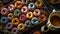 Assortment of colourful donuts of different flavours in a wooden box.