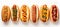 Assortment of delicious french hot dogs with a variety of sauces, isolated on a white background