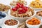 Assortment of different breakfast cereal, dried fruit