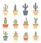 Assortment of different cacti in colorful pots. Cute houseplants in a flat style. Desert flora in interior decor vector