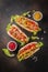 Assortment of different hot dogsdog, hot, top view, hotdog, sausage, onion, tomato, various