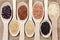 Assortment of different rice in wooden spoons: white rice red rice black rice a mixture of wild and brown rice. The whole grain of