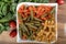 Assortment of different types of gluten-free penne pasta from chickpeas, red lentils, peas