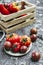 Assortment of different varieties of fresh tomatoes from the vegetable garden