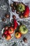 Assortment of different varieties of fresh tomatoes from the vegetable garden