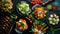 Assortment of dishes of European cuisine. Background food. Top view.