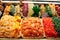 Assortment of dried fruits on display at at the Boqueria market in Barcelona. Counter In Spanish Market