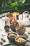 Assortment of dry tea in coconut bowls.