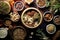 Assortment of dry tea in jars. Alternative medicine. Top view