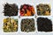 Assortment of dry tea. Various kinds of tea isolated on white.Different kinds of tea leaves. Tea composition with different kind