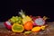 Assortment of exotic fruits on a wooden background
