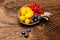 Assortment of exotic fruits on a wooden background