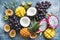 Assortment of exotic tropical fruits, top view