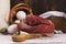 Assortment of farmer products over wooden background