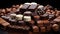 Assortment of fine chocolate candies, white, dark, and milk chocolate Sweets background. Copy space