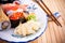Assortment fish sushi with salmon ikura