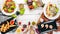 Assortment of food, salads with shrimp and meat. On a wooden background.