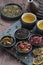 Assortment of fragrant dried teas and green tea, top view