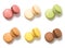 Assortment of french macarons pastry high angle view isolated