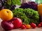 Assortment of fresh colorful vegetables background. Frame of organic food on back of kitchen