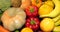 Assortment of fresh fruits and vegetables such as pumpkin, capsicum, broccoli, carrot, orange, lemon, banana, apple