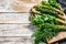 Assortment of fresh herbs coriander, rosemary, thyme, dill, parsley. A bunch of fresh condiments. White background. Top view. Copy