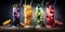 Assortment of fresh iced fruit drinks on wooden background. Generative AI